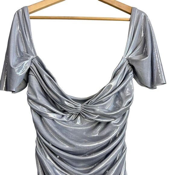 Norma Kamali Dress Womens Large Walter Lamé Gunmetal Silver Sweetheart Neck Midi - Picture 3 of 8